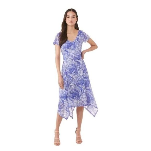 Ronni Nicole Dresses & Skirts - Ronnie Nicole Floral Lace Purple Blue Short Sleeves Flowy V-neck Midi Dress 8 M